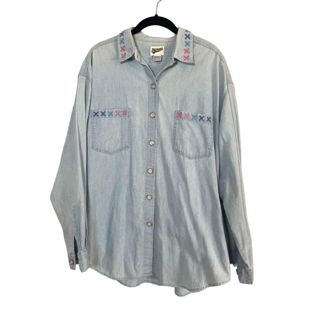 Merona Light Blue Button Down Shirt with Embroidered Details